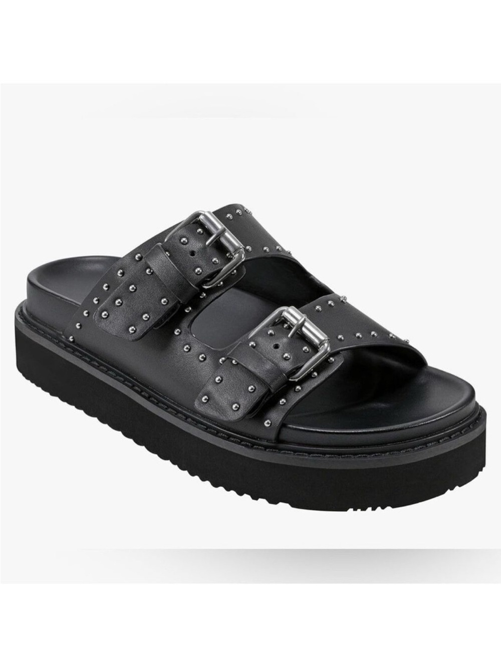 Marc Fisher Black Studded Double-Buckle Platform Slide Sandals